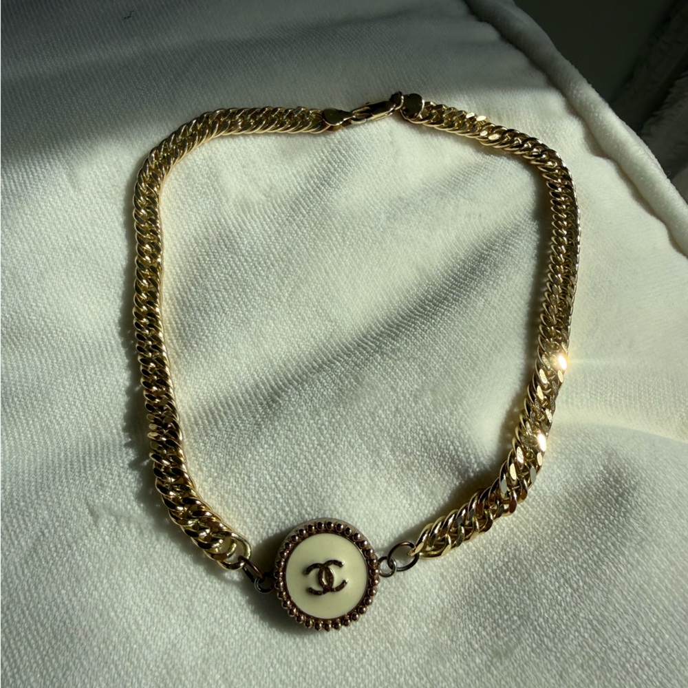Vintage Chanel button repurposed into a chain necklace choker
